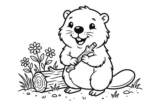 Cute cartoon beaver holding a stick for children to color in a fun nature themed drawing