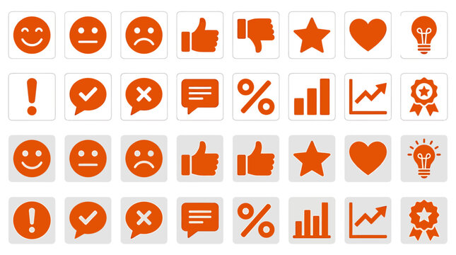 Set of orange emotion and performance evaluation icons with performance evaluation percentage achievement feedback customer business marketing interface