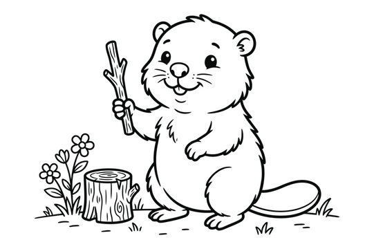 Cute cartoon beaver holding a wooden stick standing next to a tree stump for children coloring page