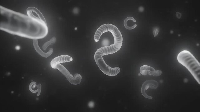 Close up view of microscopic parasites or larvae floating in a dark environment for medical research and science