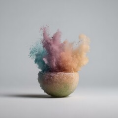 Obraz premium Pastel color powder bursting from a textured concrete bowl against grey