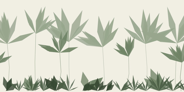 Minimalist green foliage backdrop with geometric palm leaves and grass textures on light beige field