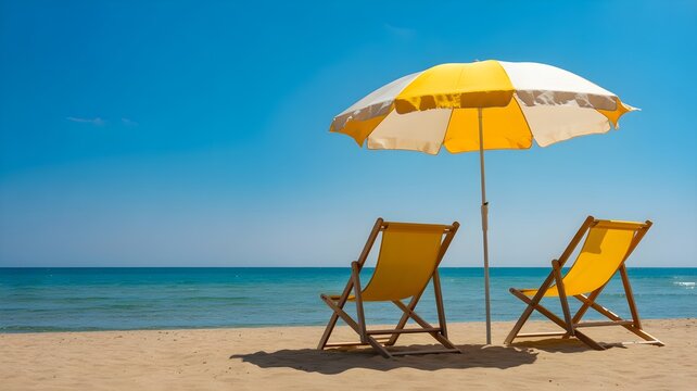 Two empty deck chairs under a yellow beach umbrella on a sunny tropical beach for summer bank holiday