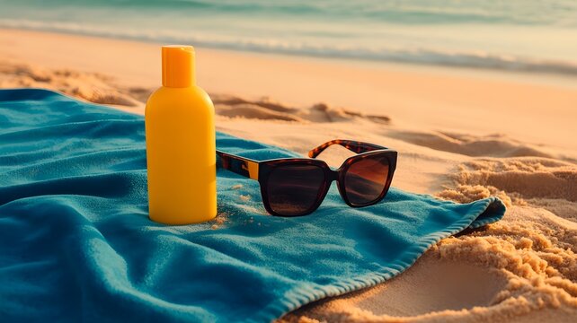 Sunscreen and sunglasses on a blue towel at the beach during the summer bank holiday weekend