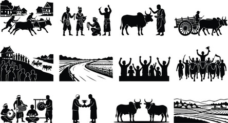Obraz premium Black and white of rural life and traditional farming scenes with oxen, farmers, carts, and cultural ceremonies in a village