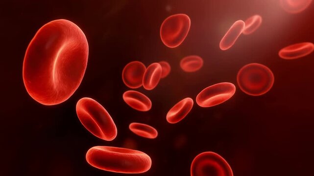Close-up view of red blood cells flowing through blood vessels in the human circulatory system