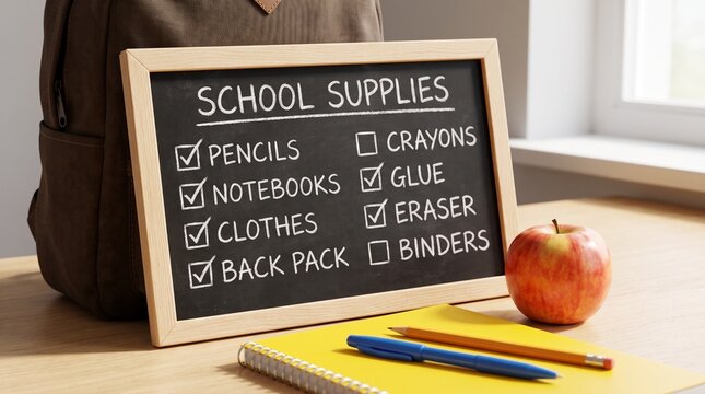 Educational supplies checklist written on chalkboard with backpack and fresh apple for academic preparation