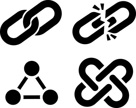 Chain link silhouette icon set featuring connected, broken, network node triangle, and interlocked knot shapes for web hyperlink and unity concepts