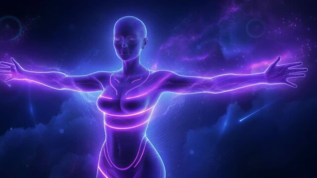 Futuristic glowing female figure with neon energy lines in cosmic space background representing technology and energy