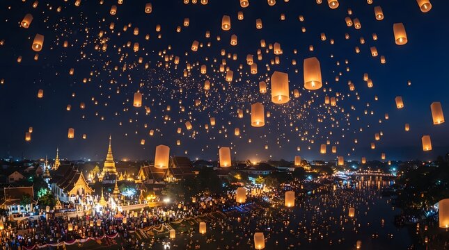 A breathtaking night scene featuring hundreds of glowing paper lanterns floating into the dark sky during the traditional mid autumn festival china cultural celebration event