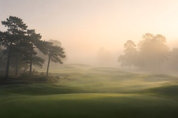 Obraz premium Fairway Disappearing into Thick Morning Mist with Trees as Soft Silhouettes for Atmospheric Golf Photography
