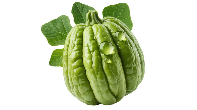 Fresh green chayote squash with water drops and leaves isolated on white