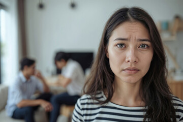 Obraz premium Young woman shows distress, eyes wide, brow furrowed. Two men sit in background, heads down, avoiding eye contact. Room feels tense, quiet, emotionally heavy. Use for stories of family conflict