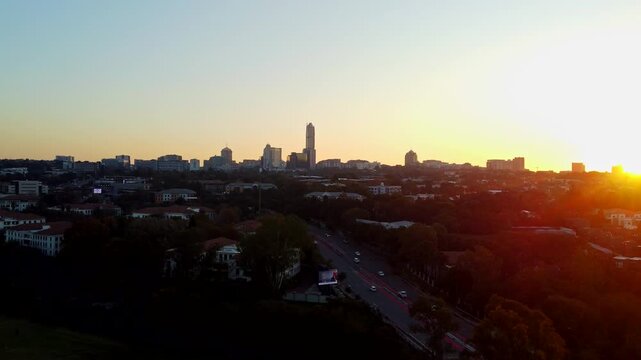Drone view of Sandton at sunset
