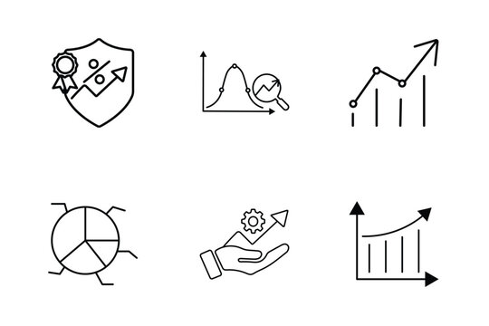 Minimalist business management line art icons set featuring financial growth graphs, data analysis, pie charts, and corporate strategy concepts.