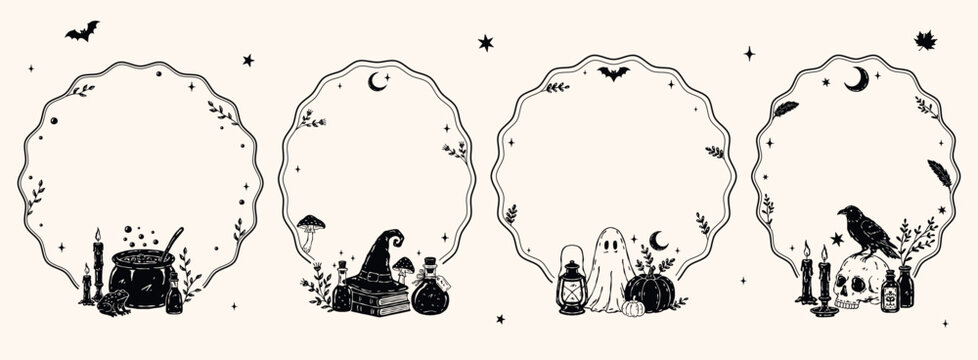 Vintage Halloween silhouette frame set with mini compositions featuring witch cauldron, ghost, witch hat, pumpkin, raven, skull and candles. Hand-drawn monochrome vector collection