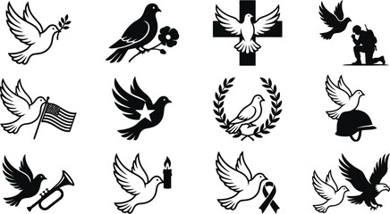 Obraz premium Black and white silhouette depicting doves of peace in various contexts including military tributes, flags, wreaths, and religious symbols