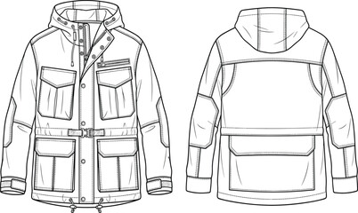MobileFashion Technical Flat Drawing of Men Hooded Utility Parka Jacket Front and Back View © MdSumon