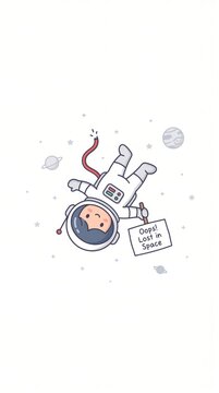 cute cartoon illustration of astronaut with broken tether floating and holding sign oops lost in space. 404 error page, disconnection concept. graphic design element with copyspace.