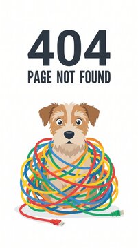404 page not found error with cute dog tangled in colorful network cables. website connection problem, broken link concept. funny internet issue illustration. web design element with copyspace.
