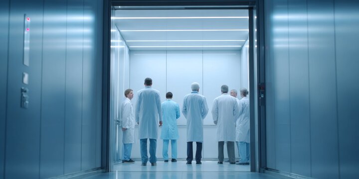 Medical professionals in hospital corridor waiting for elevator with bright lighting and clean surroundings, showcasing healthcare environment