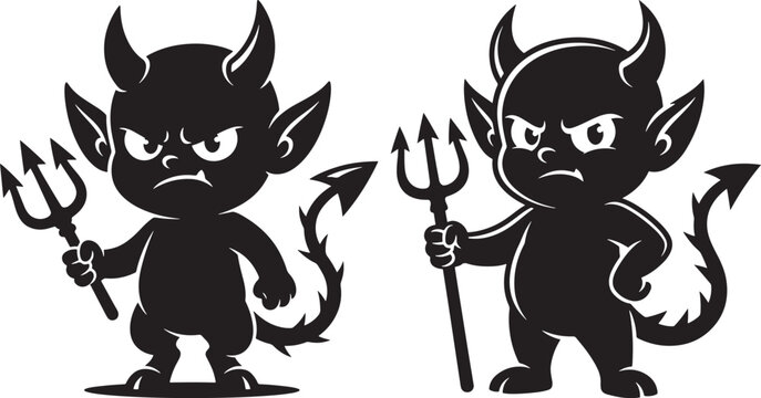 Little devil character with pitchfork cartoon silhouette black vector set pitchfork character silhouette creature mythology