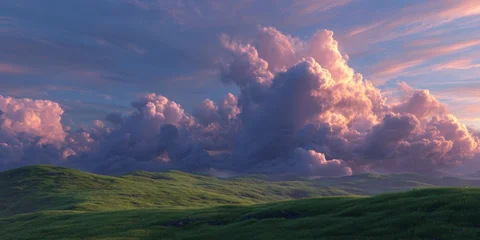 Dramatic Sky Over Lush Green Landscape with Rolling Hills and Majestic Cloud Formation at Dusk © kwanchaift