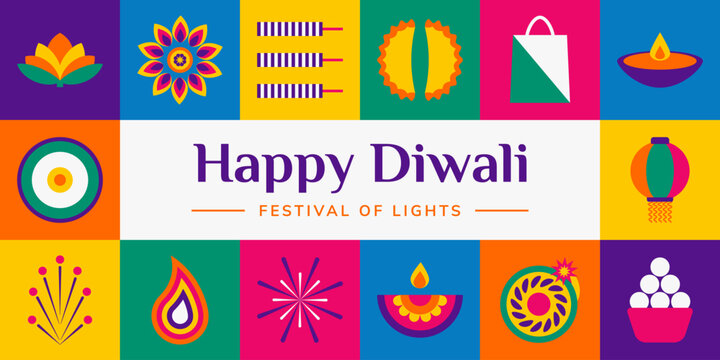 Happy Diwali geometric banner template. Bright festival of light holiday square pattern with icons of fireworks, rangoli, lotus, oil lamp mandala, flower. Modern minimalist vector illustration.