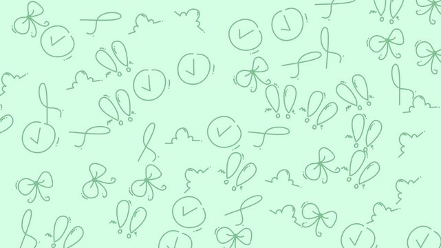 Checkmarks and decorative ribbons form a repeating pattern on a soft mint green background surface.