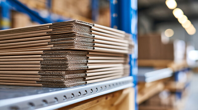 Stacks of flat-packed corrugated cardboard boxes on shelves in a modern warehouse, efficient supply chain storage, with copy space