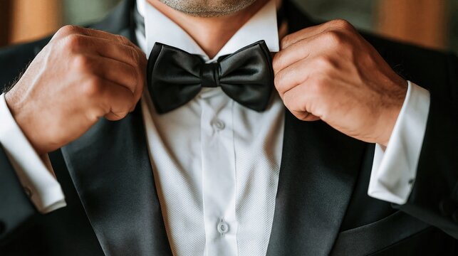 Person adjusting a black bowtie on a white dress shirt while wearing a formal suit.