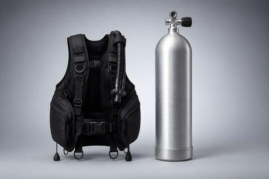 BCD and Scuba Cylinder Standing Together Against Seamless Gradient for Balanced Studio Product Equipment Photography