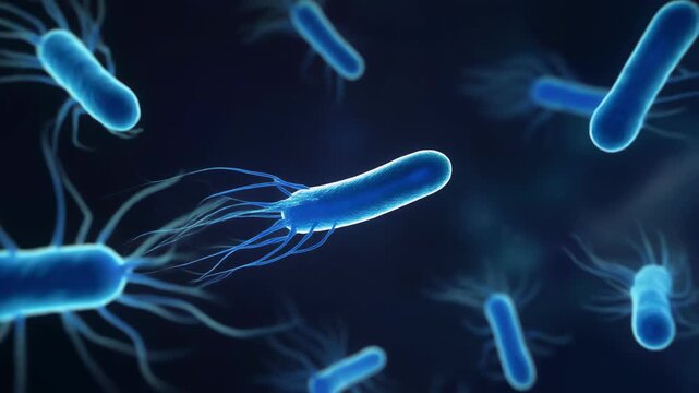 Close up view of blue microscopic bacteria with flagella in dark background for science and health research