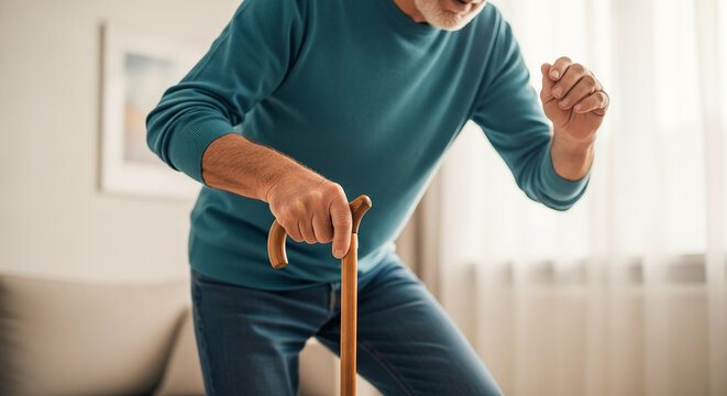 Elderly senior man using a wooden walking stick to stand up from a couch at home, concept of aging, mobility issues and geriatric healthcare.
