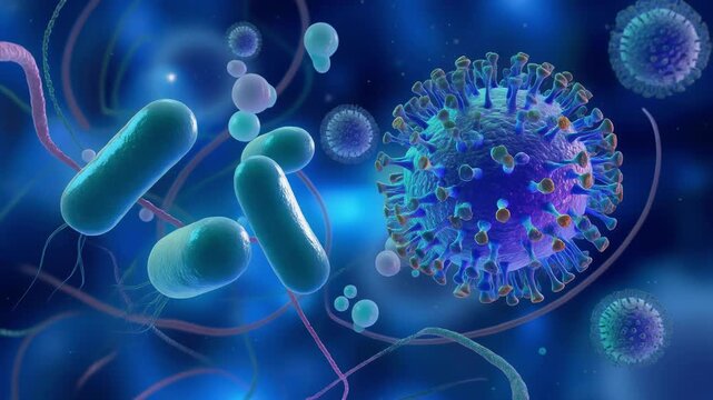 Close up of virus and bacteria particles in a microscopic environment with blue background