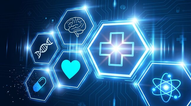 Futuristic digital healthcare interface with science dark circuit board background glowing hexagonal panels