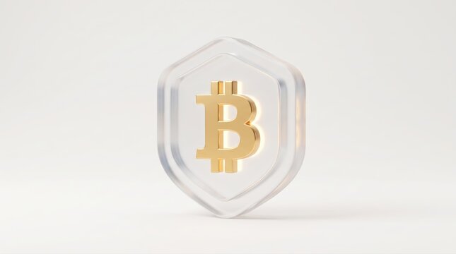 Golden Bitcoin symbol inside a glass shield. Secure cryptocurrency protection concept.
