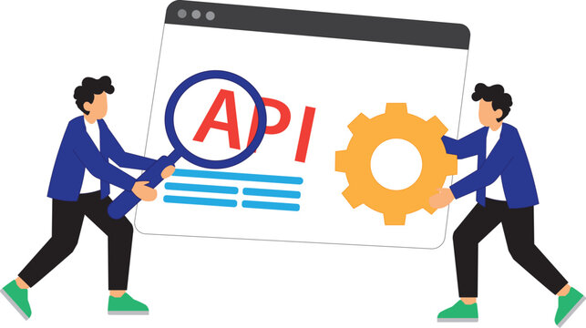 Developers Working on API Integration with Gear and Magnifying Glass Vector