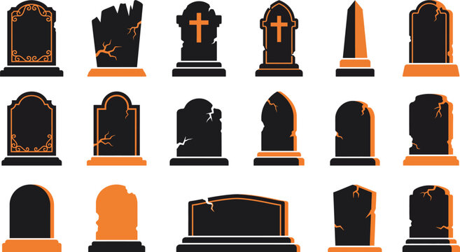 Collection of fifteen graveyard tombstone icons. Various headstone shapes. Cemetery monuments. Spooky halloween design. Vector illustration.