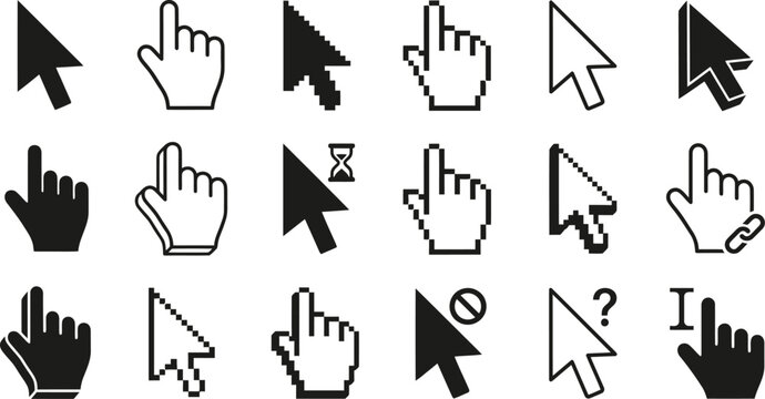 Set of black cursor icons for computer interface pointer selection and navigation.