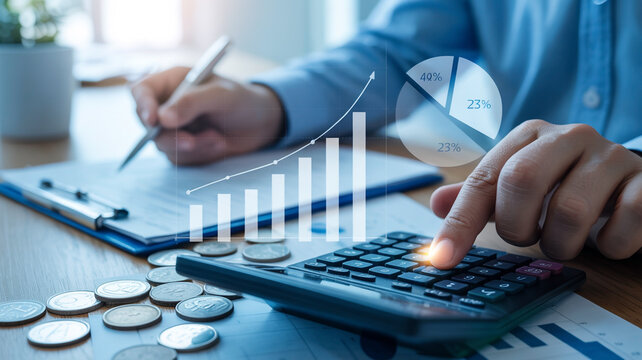 Businessman using a calculator with financial growth charts and coins on a desk