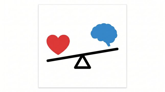 red heart and blue brain balancing on seesaw scale against white background. logic versus emotion concept, rational decision making psychology. banner, website header, presentation with copyspace.