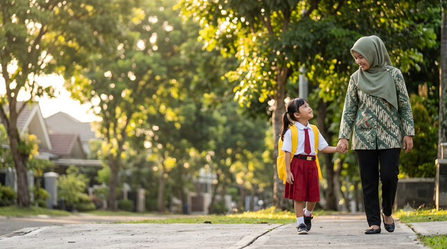 Muslim Mother Walking Daughter To School