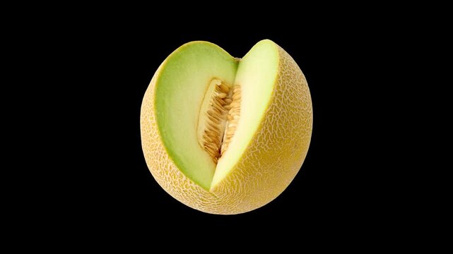 fresh melon with sliced wedge rotating, isolated on transparent alpha channel background. High quality 4K stock video with clean cutout, perfect for video editing, motion graphics, compositing