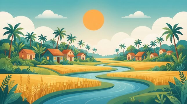 A peaceful village nestled among golden fields under a bright sunlit sky.