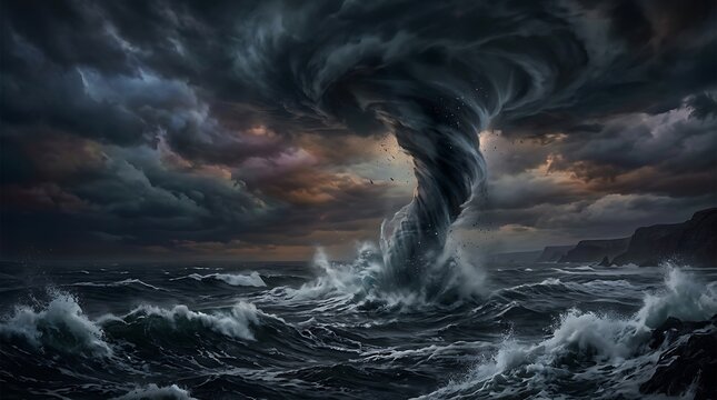 Stormy ocean waves crashing during twilight.