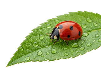 Fototapeta premium Red ladybug on green leaf with water drops macro shot isolated on black background, detailed insect crawling on dew fresh foliage, nature ecology concept, vibrant spring garden life photography.