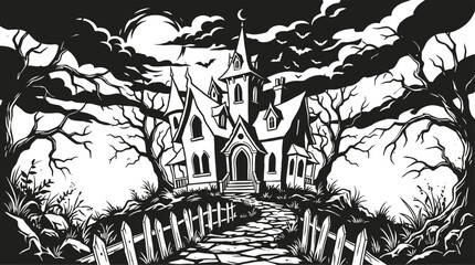 Naklejka premium Spooky haunted house illustration featuring a dark gothic mansion with trees and a moon accompanied by happy halloween lettering calligraphy design