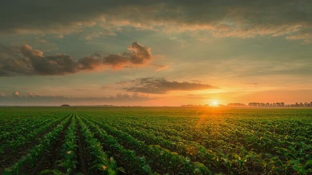 Sunrise over vast green agricultural field with clear sky and scattered clouds in rural landscape