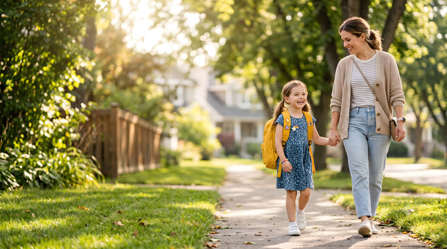 Mother and Daughter Walking to School on Sunny Sidewalk